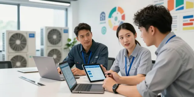HVAC Business Software usage in an office with technicians collaborating and analyzing data for improved efficiency