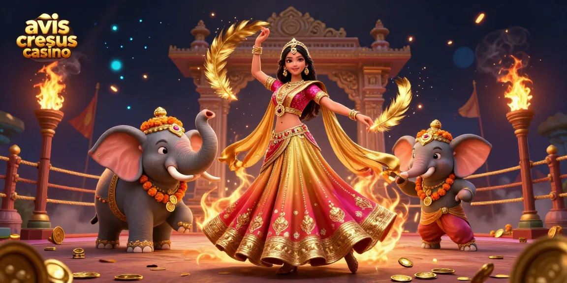 Vivez l'excitation à avis cresus casino avec des éléments vibrants de Bollywood et des trésors en or dans cette illustration époustouflante.