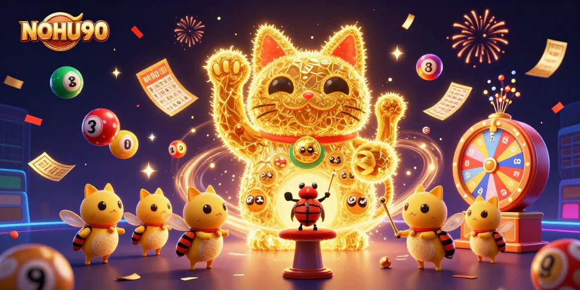 Engage with NOHU90's vibrant casino world featuring a dynamic lucky cat and exciting gaming elements.