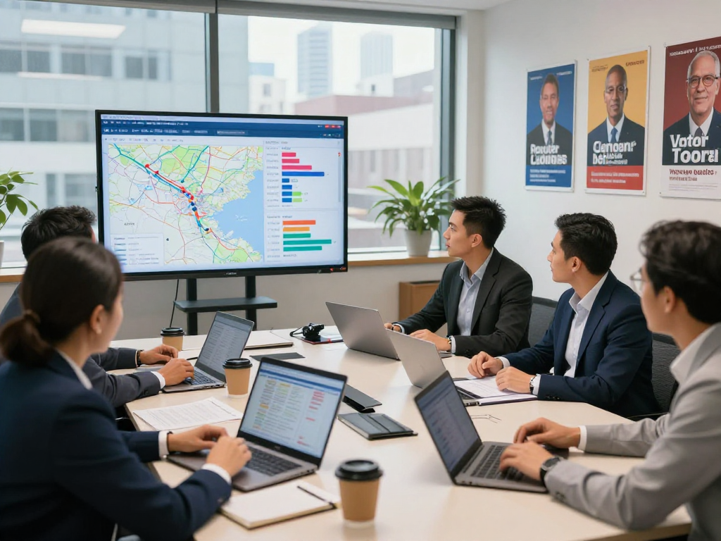Political TV advertising agency team analyzing voter data in an innovative campaign office.
