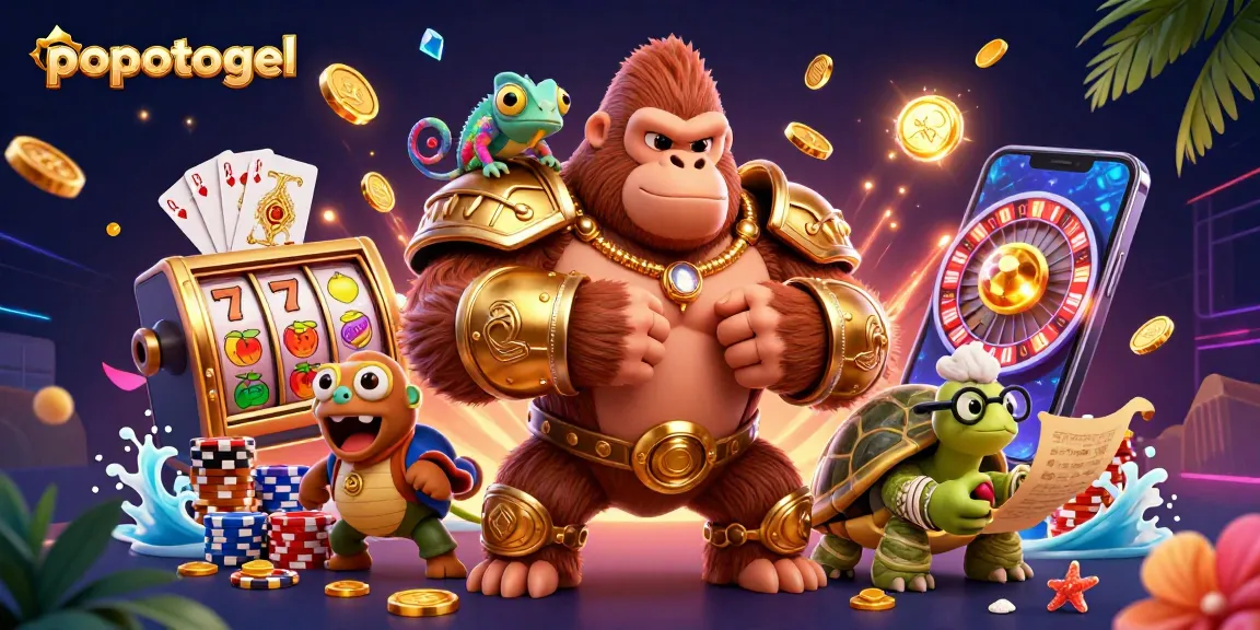 Experience the fierce adventure with the popotogel gorilla king amidst cascading coins and a spinning slot machine.