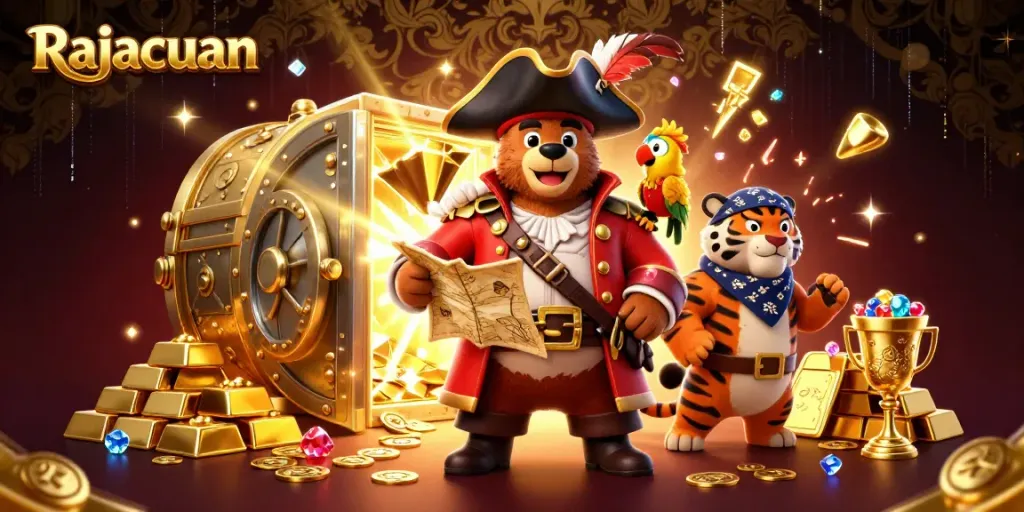 Experience thrilling gameplay with Rajacuan's vibrant 3D casino scene featuring pirates, treasures, and slot reels.