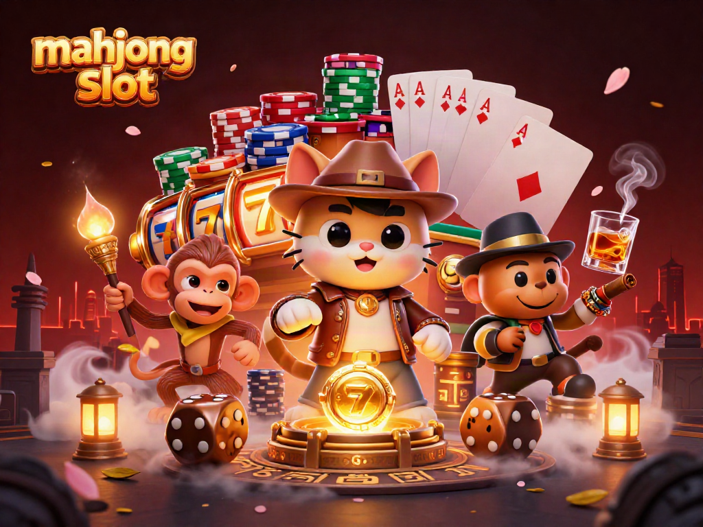 Engage with mahjong slot action as a playful cat archaeologist uncovers treasures in a vibrant casino scene.