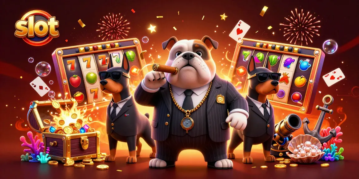 Experience thrilling slot action with a cartoon mafia boss and his bodyguards surrounded by colorful slot reels and treasure.