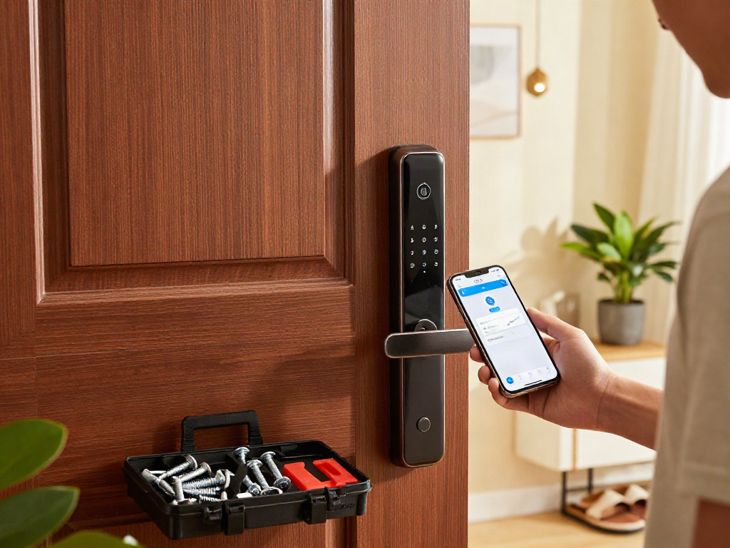 خرید قفل هوشمند - Smart lock installation in a modern home entryway.