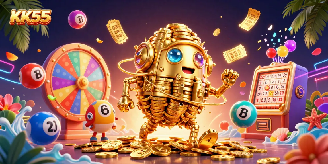 Experience KK55 with vibrant lottery balls and a golden golem, celebrating online gaming excitement.