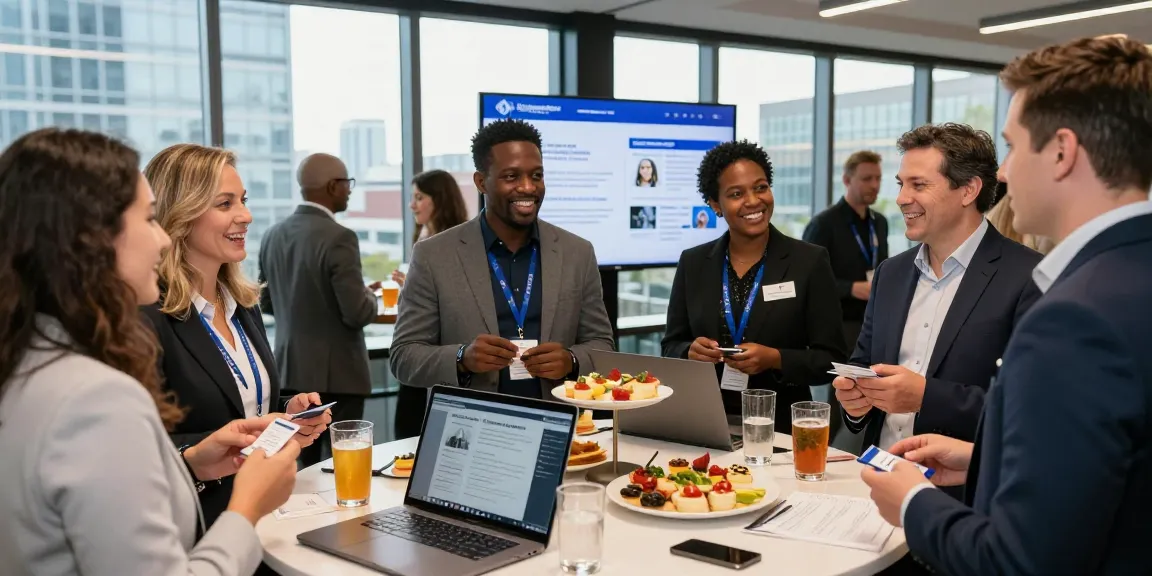 Agent Outreach networking scene at a modern conference, showcasing professionals engaging and exchanging ideas.