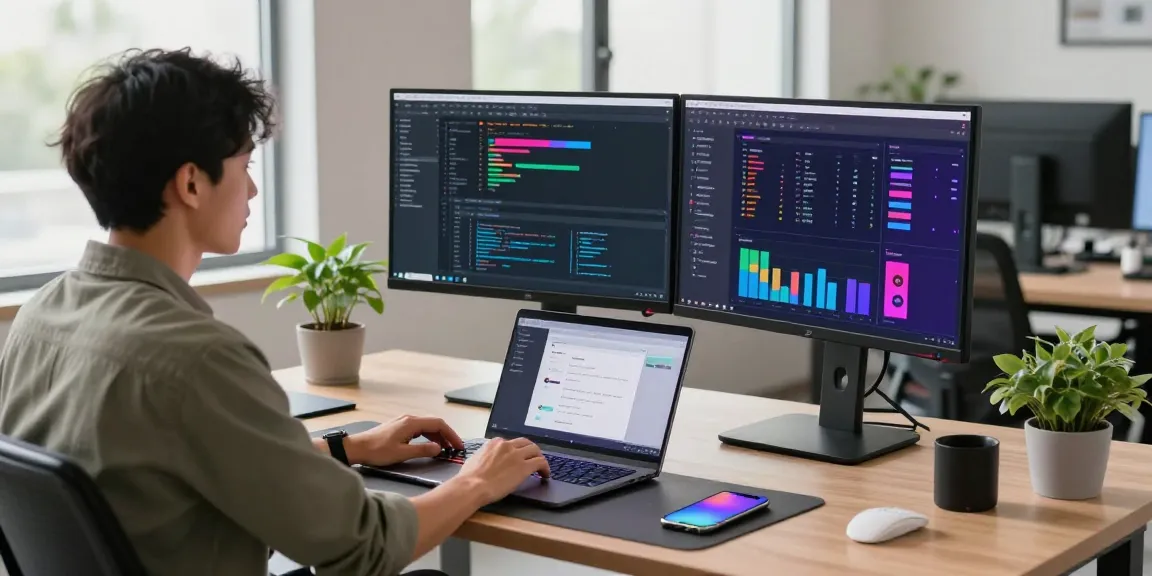 快连 software developer coding efficiently in a modern workspace with vibrant screens and natural light.