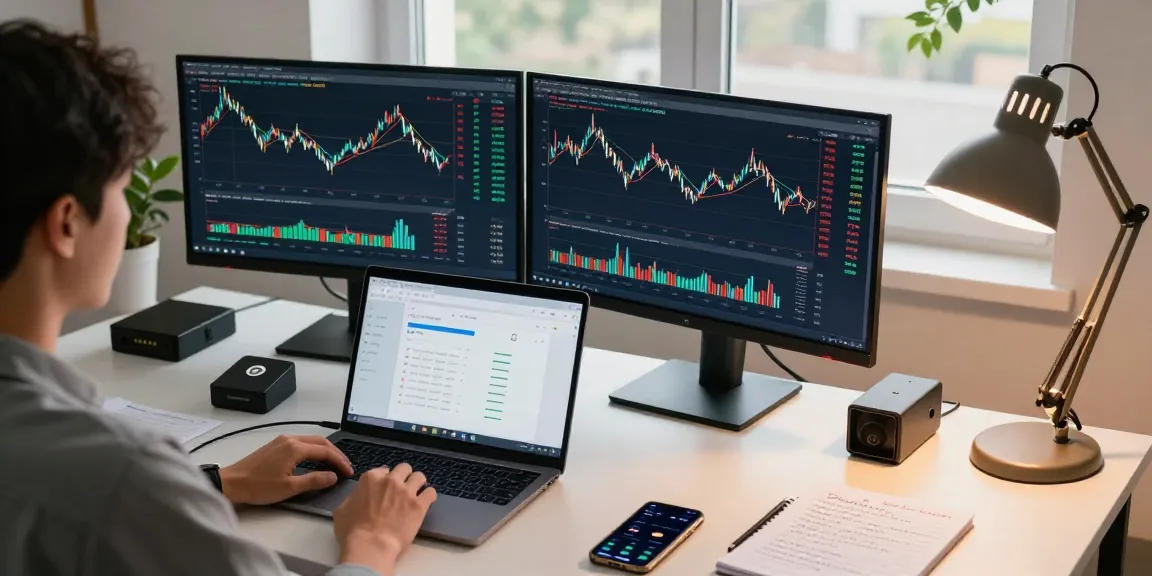 Funexchange platform showcasing cryptocurrency trading with modern tech setup, highlighting Bitcoin and Ethereum charts, digital wallet, and DeFi apps.