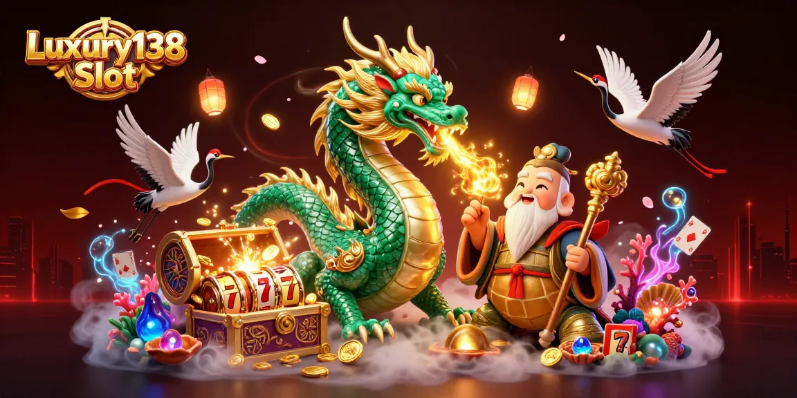 Experience the thrilling Luxury138 Slot with a vibrant illustration featuring dynamic casino elements and lucky symbols.