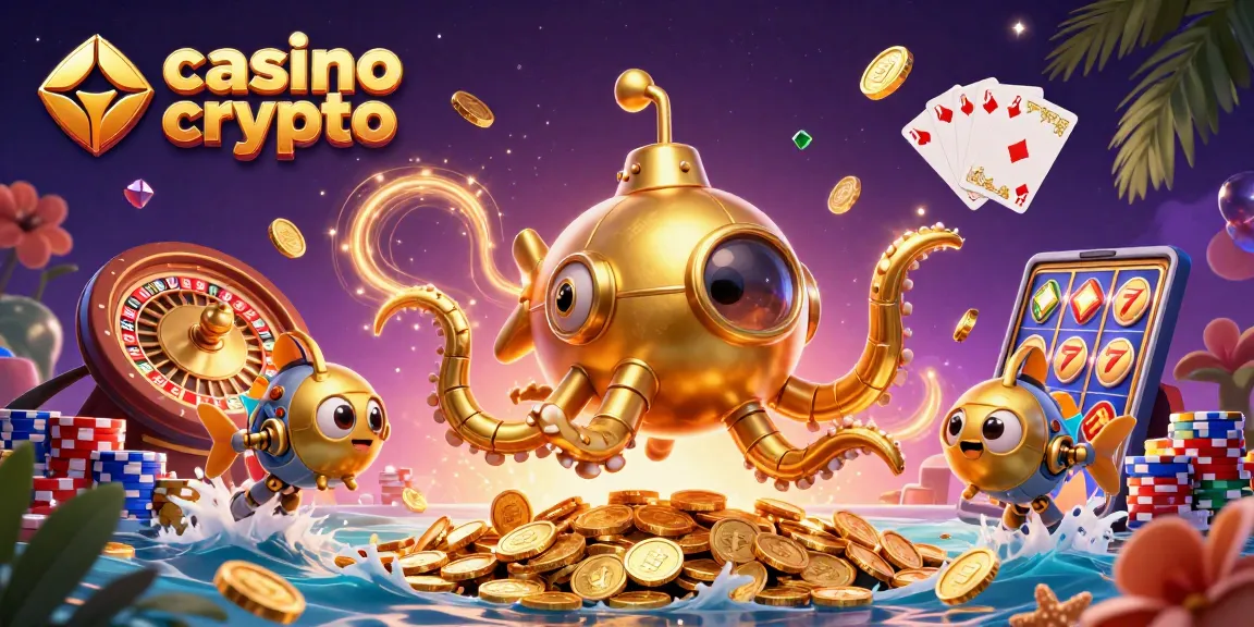 Le casino crypto avec le kraken doré émerge de pièces, entouré de jetons lumineux et de jeux de cartes