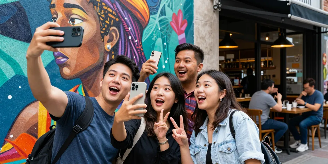 Celebrities look alike found as diverse individuals take selfies in urban setting with vibrant street mural.