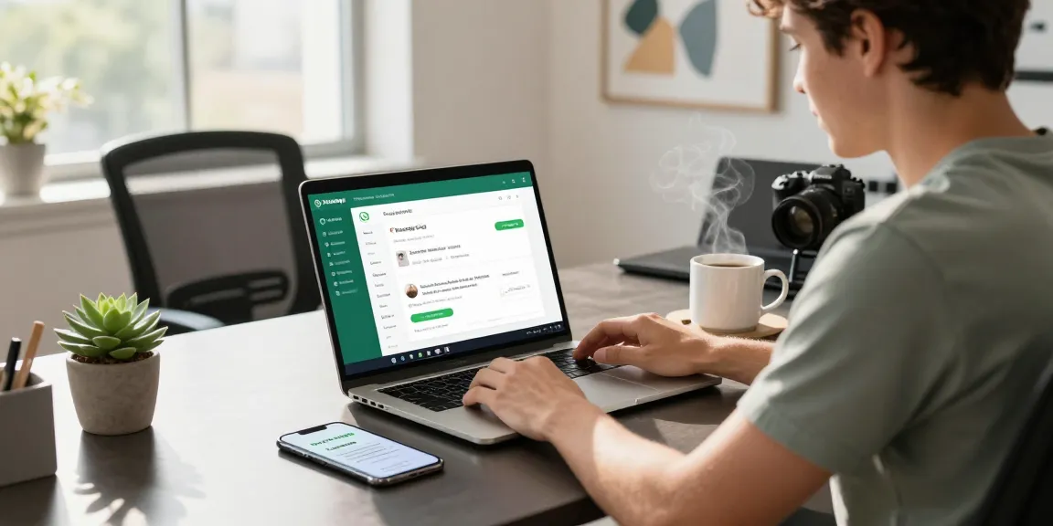 User engaging with WhatsApp網頁版 on a laptop in a modern office setting.