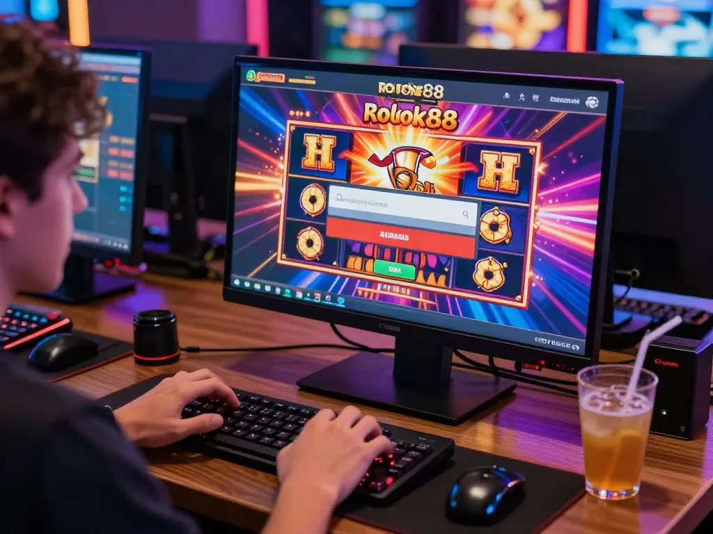 Gamer using the rokok88 slot login on a laptop with vibrant slot graphics.