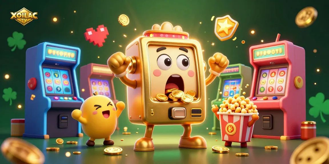 Experience the thrilling excitement of XOILAC TV, where a golden slot machine hits the jackpot in an animated casino scene filled with coins.