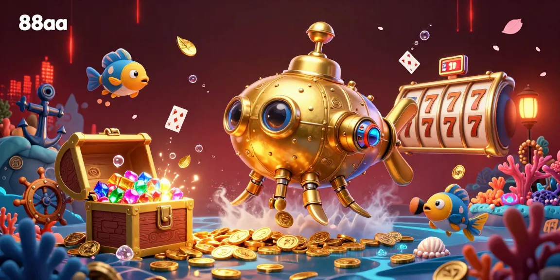 Win big with 88aa's vibrant underwater treasure themed gambling scene featuring golden kraken submarine and slot elements.