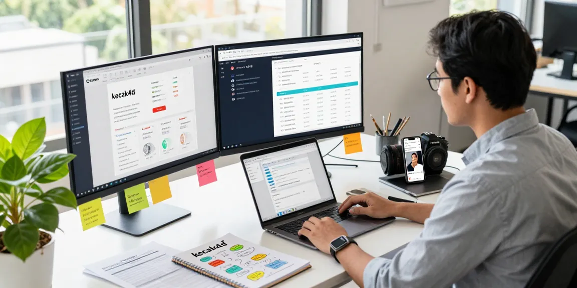 Marketing specialist analyzing "kecak4d" trends in a vibrant digital workspace with multiple screens and creative materials.