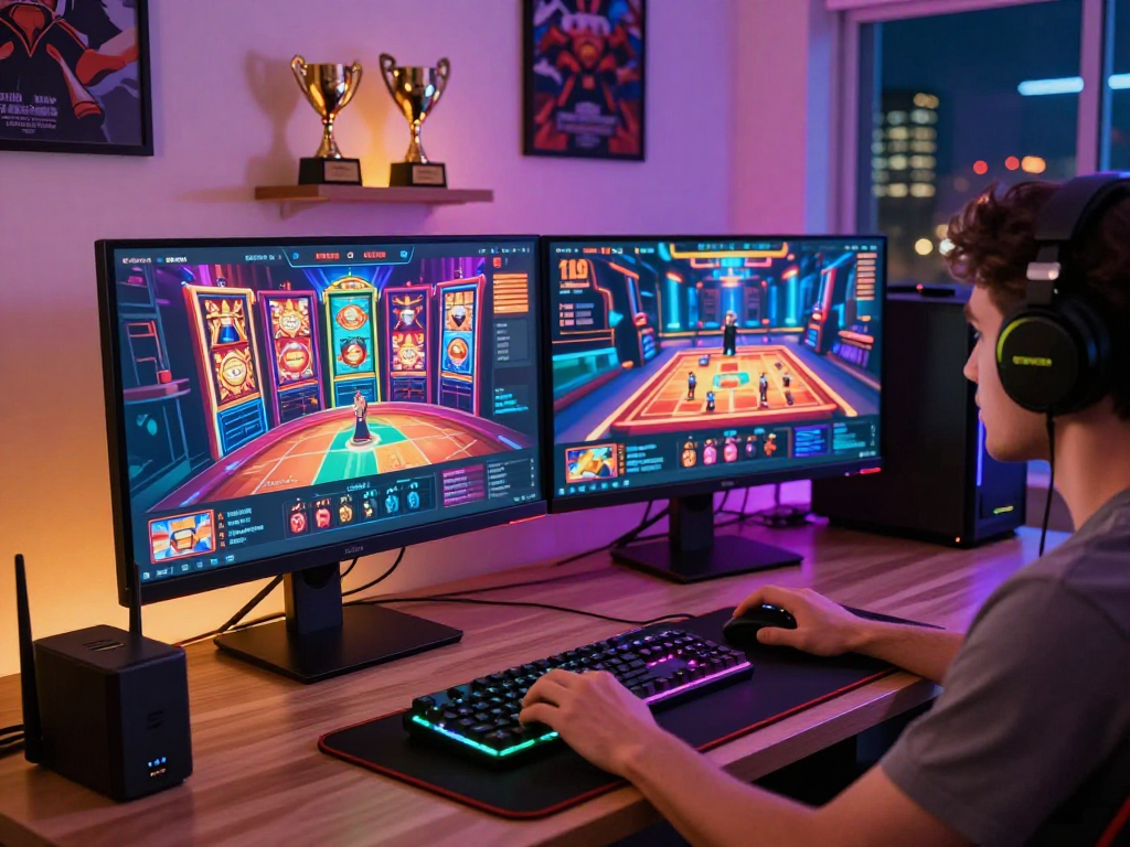 Engaged user logging into Raja328 for an immersive online gaming experience surrounded by vibrant gaming setup.