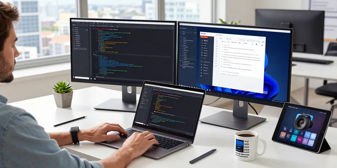 Focused developer working on login raja328 code with modern tech setup in a bright office.