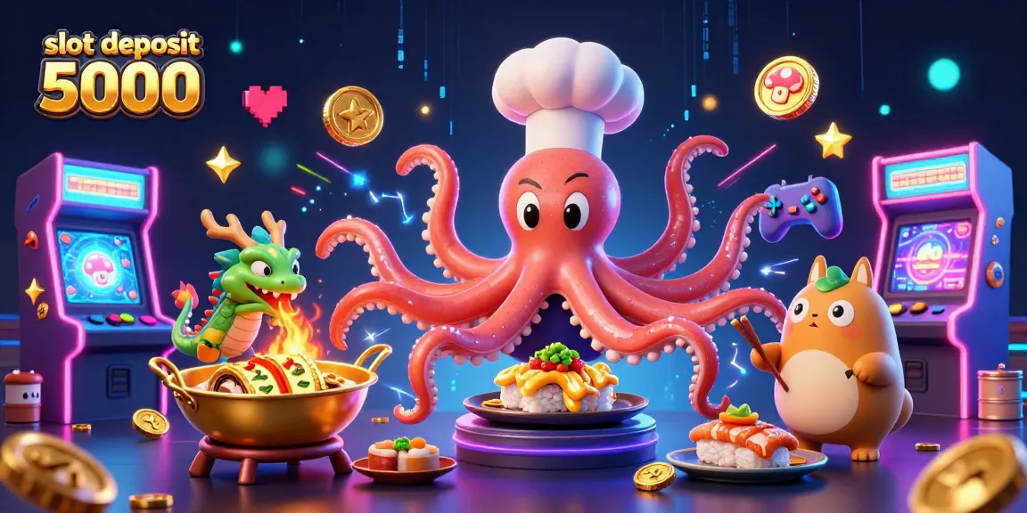 Spin the reels with thrilling experiences at slot deposit 5000, showcasing a vibrant 3D sushi chef octopus and lucky dragon.