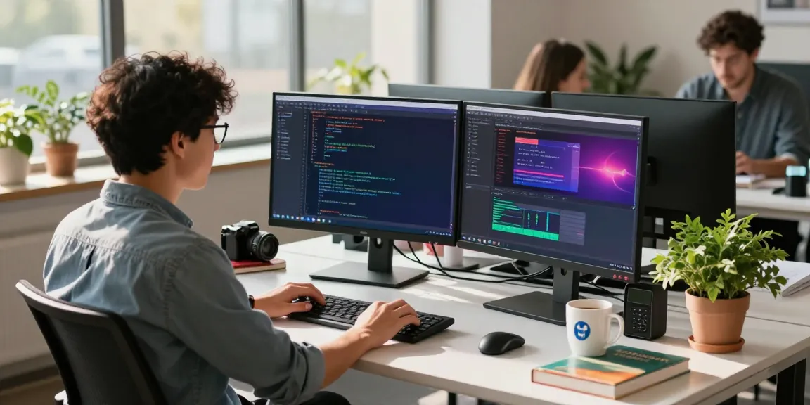 Developer coding on dual monitors in a modern office showcasing AI agents technology.