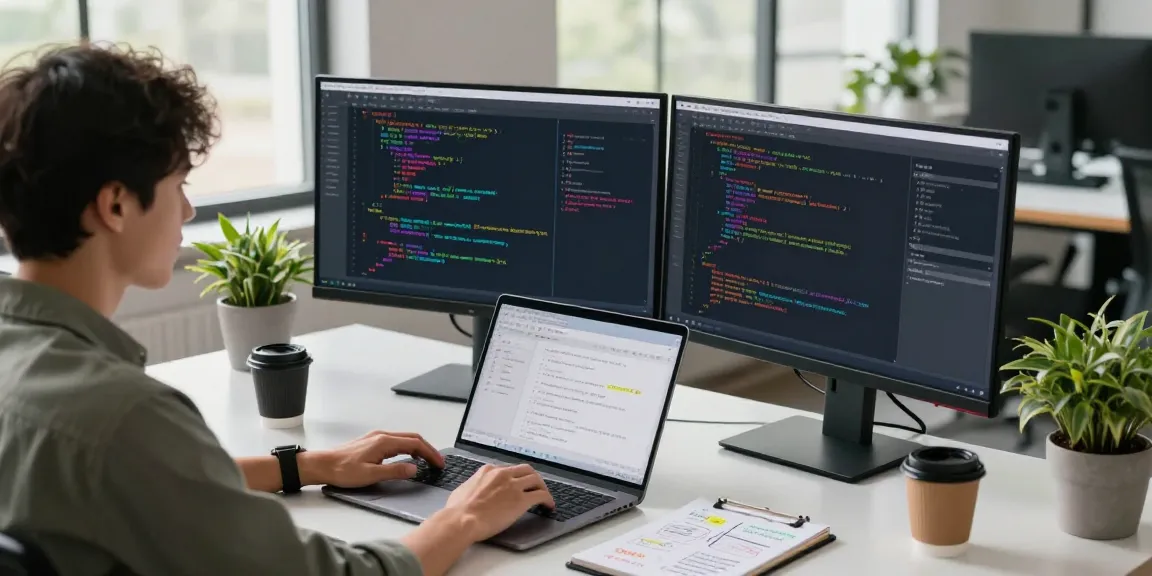 Developer coding at dual monitors in a tech workspace - teiegramin.com focuses on productivity and software development.