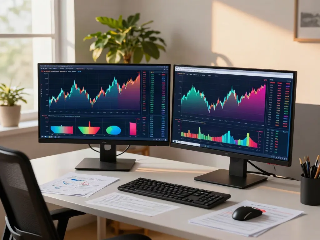 Trader using TradingView on dual-screen setup in a vibrant workspace.