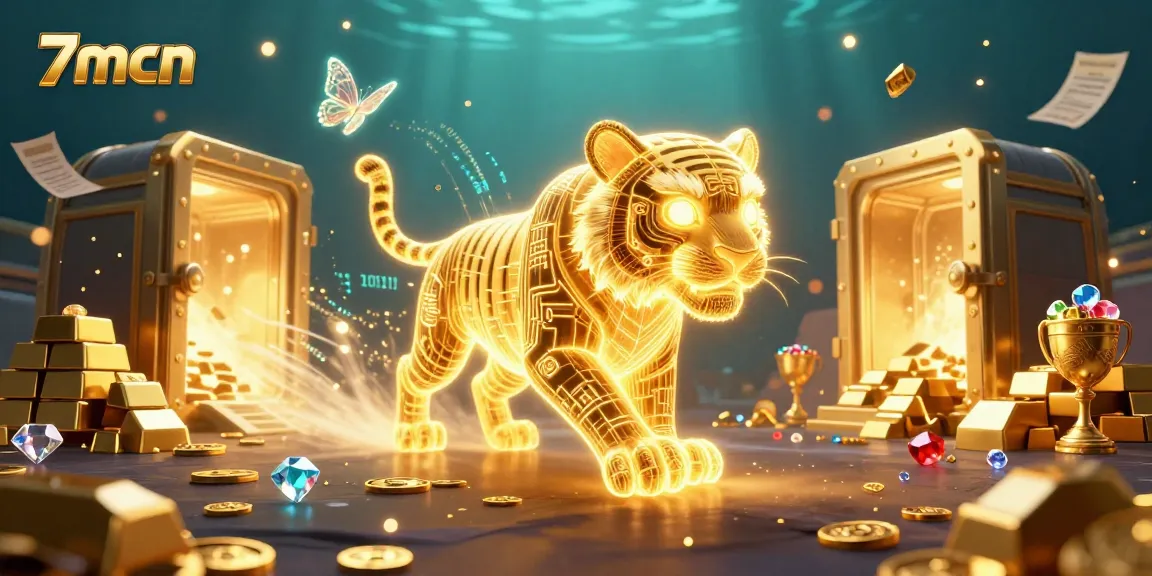 Experience thrilling moments in the 7mcn digital sports betting world with a neon tiger and treasures.
