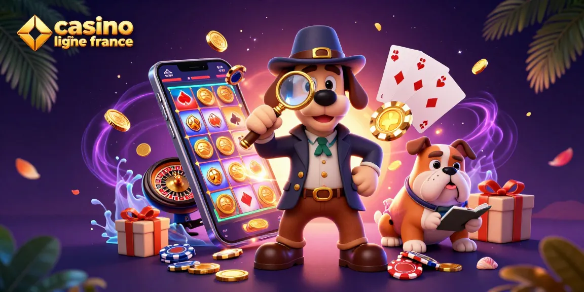 Jouez à casino en ligne France avec une illustration de détective cartoon entouré d'éléments de jeu.