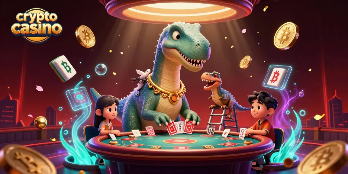 Jouez dans un crypto casino animé avec un brontosaurus géant et des pièces de Bitcoin flottantes.