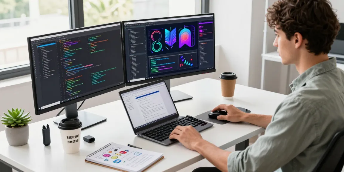 Developer coding in a modern workspace with dual monitors showcasing vibrant code, promoting 纸飞机中文版 and tech creativity.