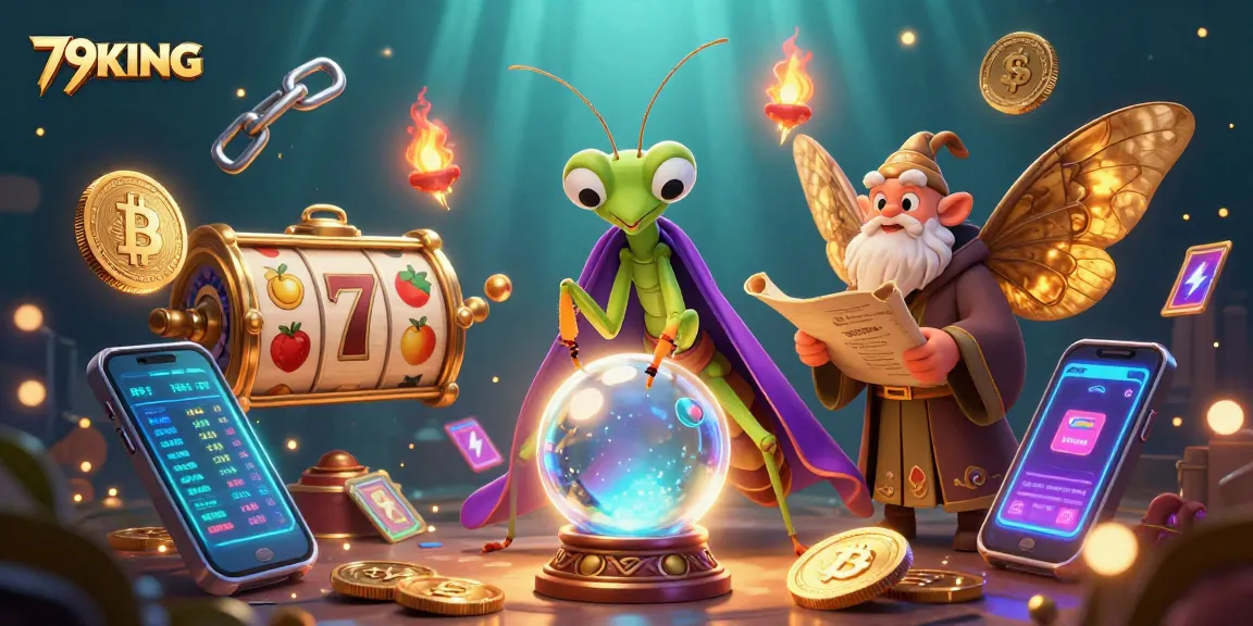 Engage with 79KING at the lively casino setting featuring vibrant characters, slot reels, and glowing crypto coins.