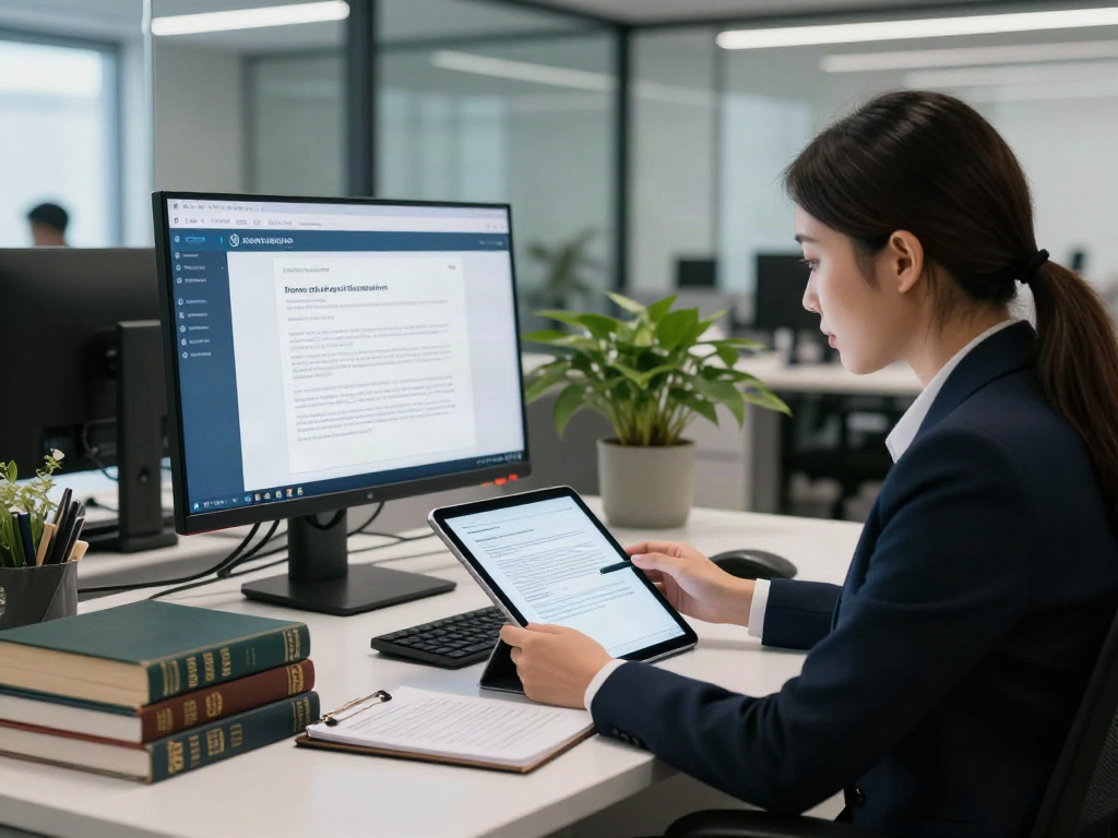 Compliance officer using a document fraud detection solution on a tablet in a modern office setting.