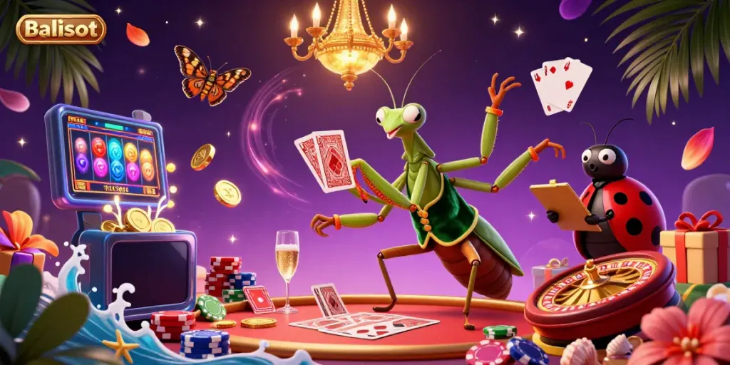 Balislot-themed illustration showing a cartoon mantis cardsharp, ladybug pit boss, and casino elements like a smartphone game and poker chips.