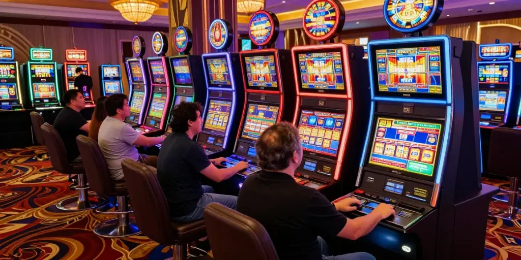 Exciting casino scene with players engaging with slot machines, colorful lights enhancing the thrilling atmosphere.