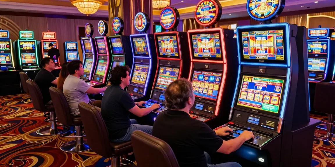 Exciting casino scene with players engaging with slot machines, colorful lights enhancing the thrilling atmosphere.
