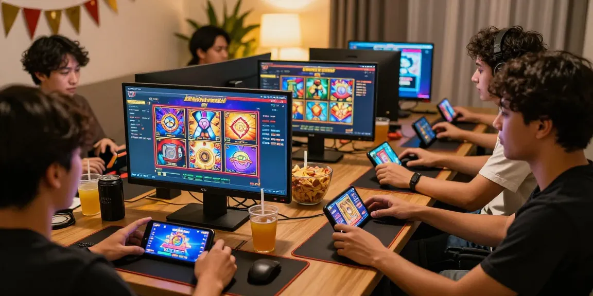 Engaging friends playing deposit pulsa tanpa potongan slots at home, showcasing excitement and vibrant gameplay.