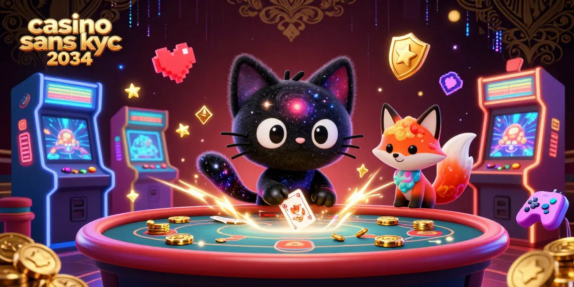 Jouez au casino sans KYC 2034 avec des machines à sous colorées et un chat noir trou noir.