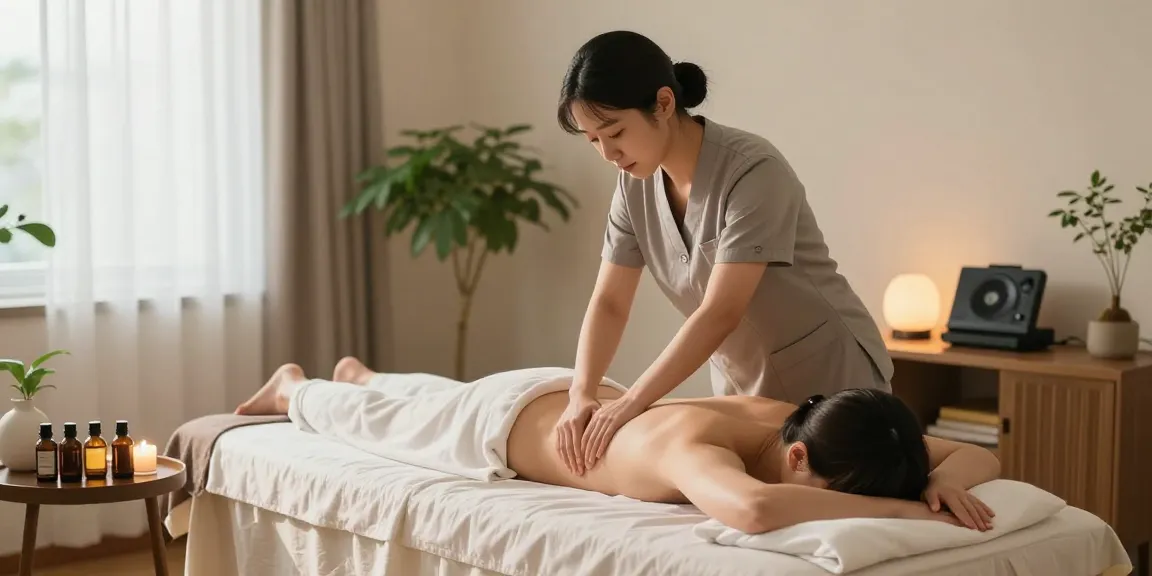 Serene home wellness atmosphere with专业 성남출장마사지, professional massage therapist providing a soothing treatment in a calming space.