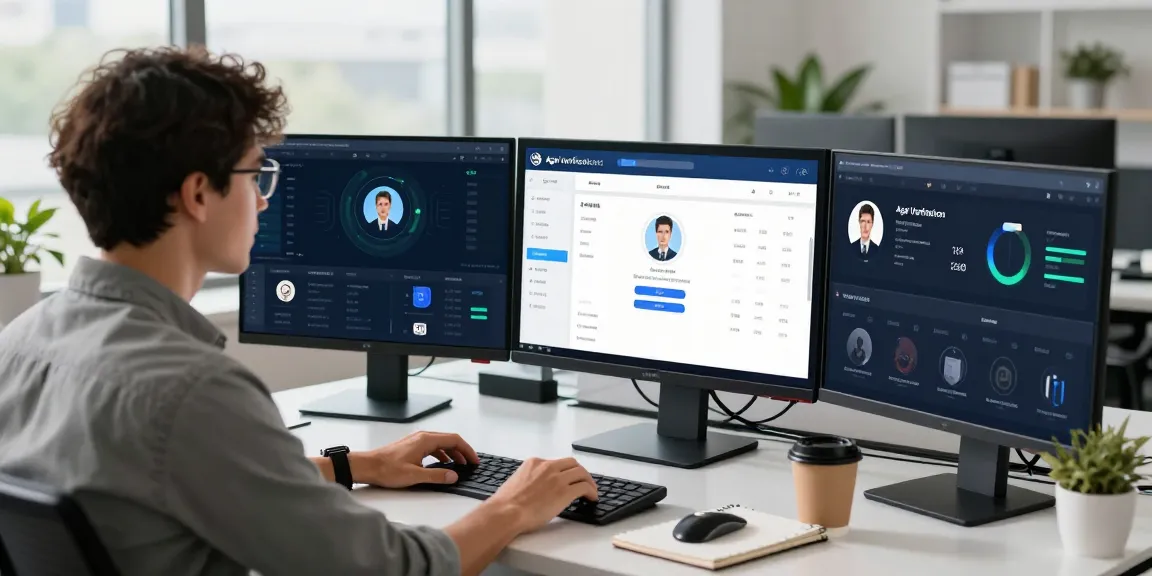 Tech professional analyzing an age verification system dashboard in a modern workspace.