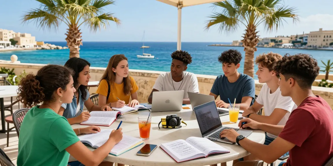 Studenti che apprendono Corsi di inglese a Malta su una terrazza soleggiata affacciata sul Mare Mediterraneo, circondati da libri e scenari naturali.