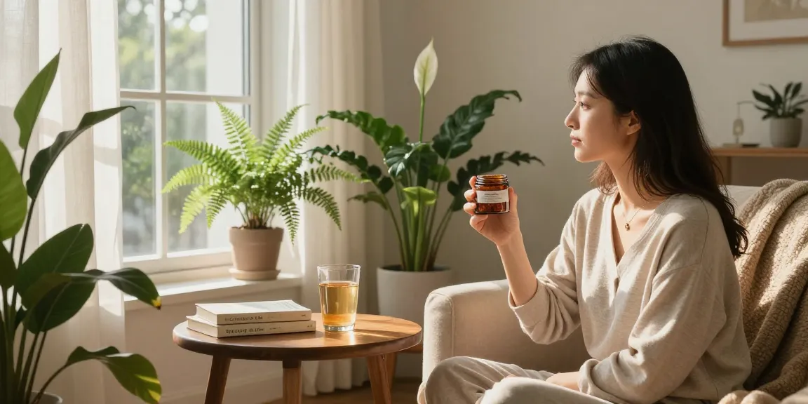 Shilajit resin jar held in a serene living room setting with plants and wellness books.