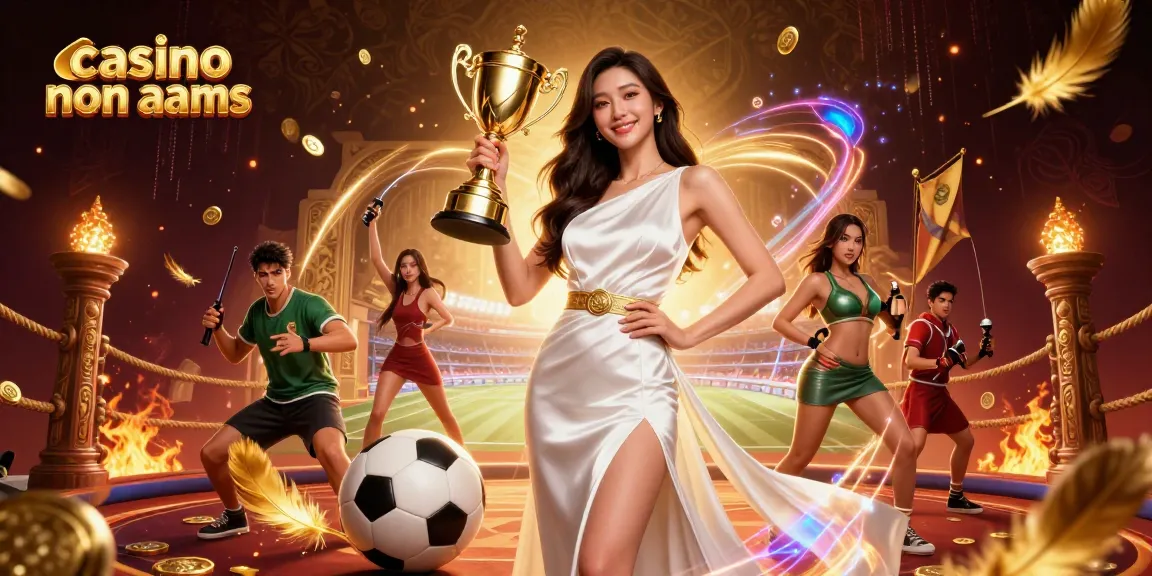 Scopri l'azione del casino non aams con una donna asiatica che tiene trionfalmente un trofeo tra elementi di scommessa vivaci.