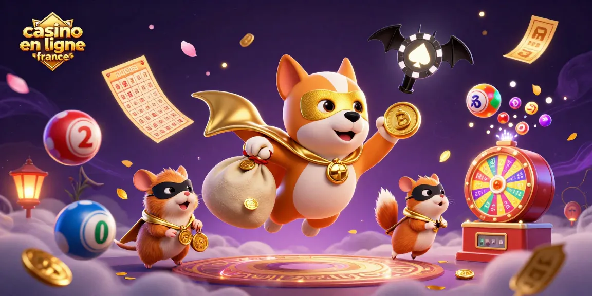 Jouez au casino en ligne France avec un chien super-héros portant des pièces d'or et des ballons colorés.