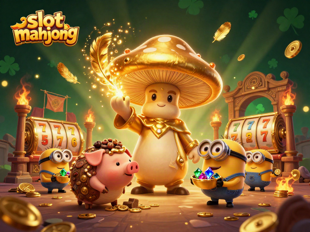 Experience slot mahjong excitement with a golden wizard and treasures in a dynamic casino scene.