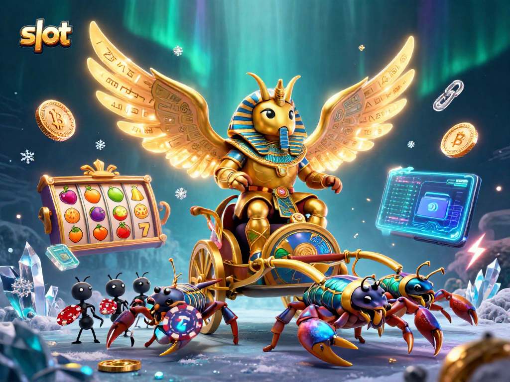Spin the slot reels with a golden scarab in a dazzling casino scene, ensuring wins!