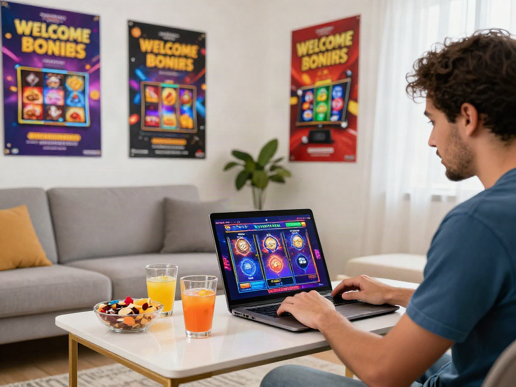 Excited new player at home enjoying online slot bonus new member 100 with vibrant decor and snacks.