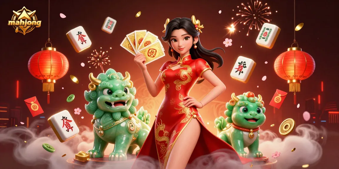 Experience mahjong gameplay with vibrant characters and festive elements in this detailed casino illustration.
