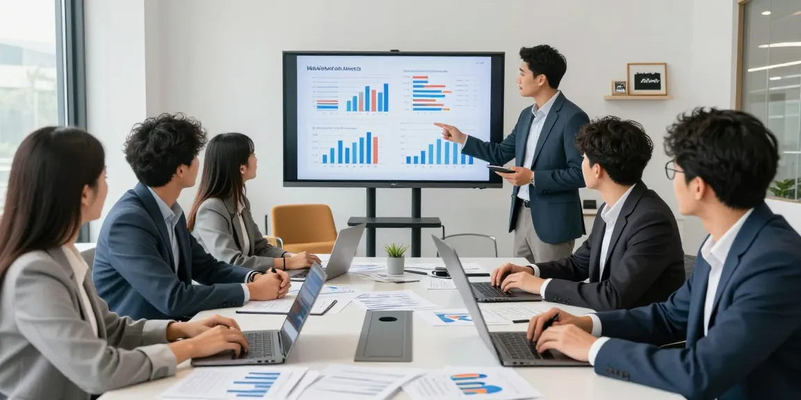 Business meeting discussing merchant cash advance options with financial reports and laptops.
