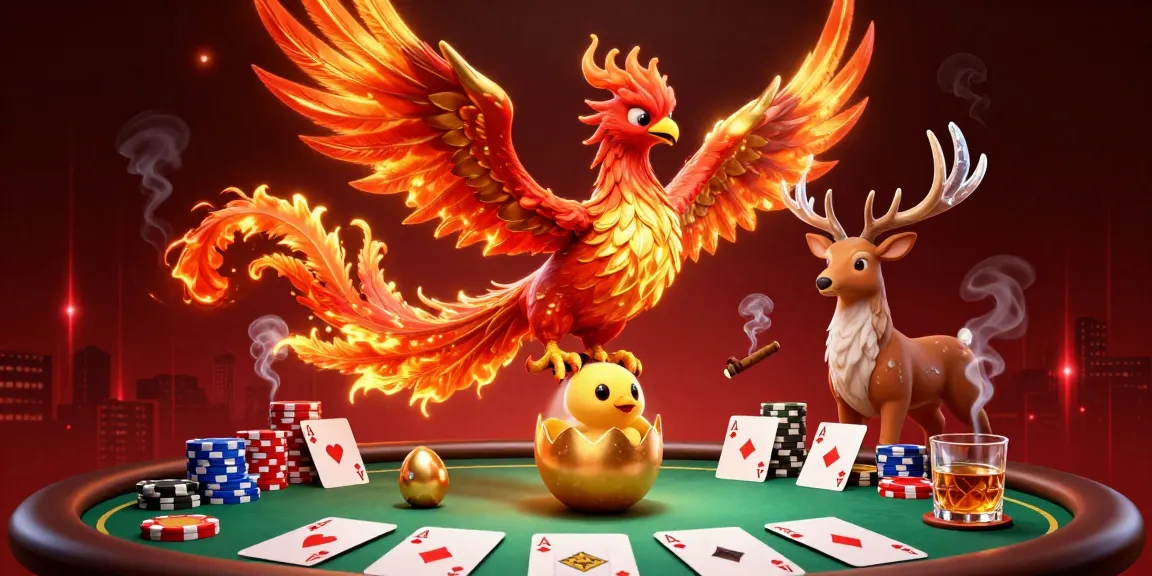 Winbox features animated phoenix and stag amid casino game excitement and colorful poker elements.
